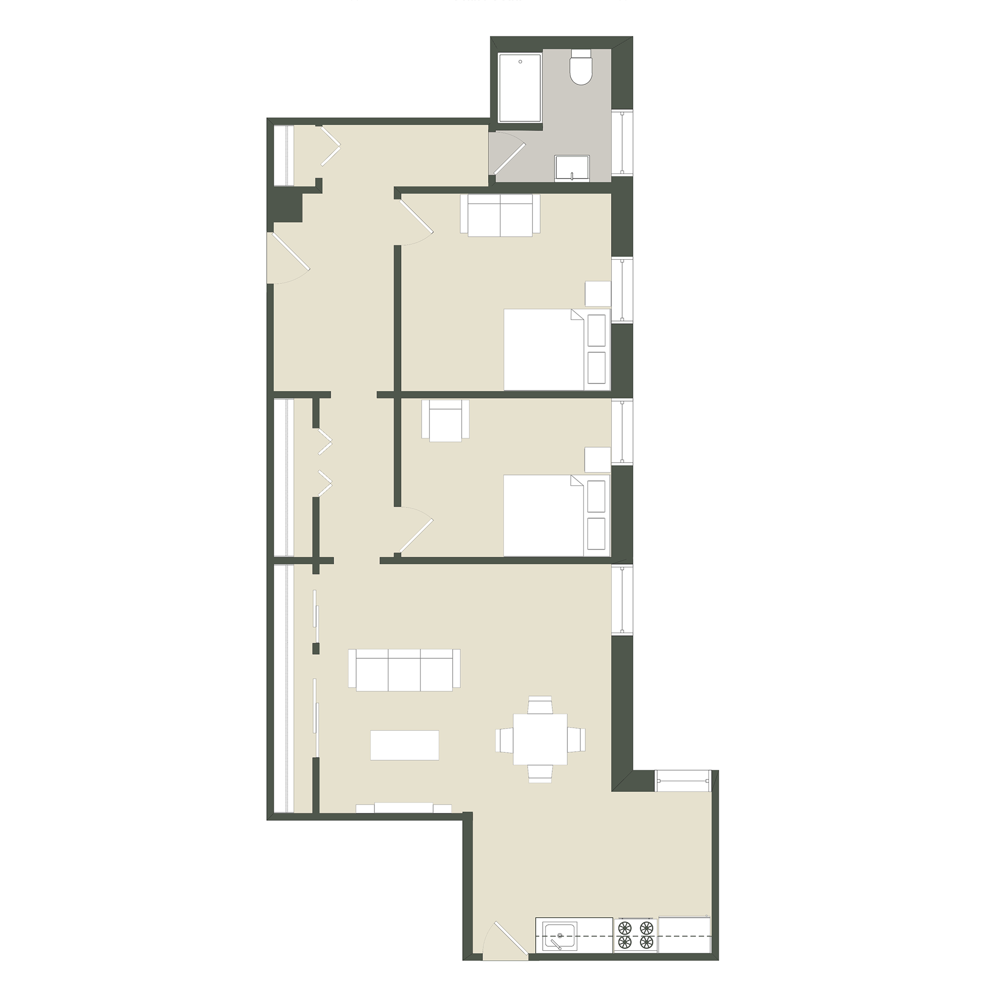 Floor plan for 2 beds, 1 bath, 942 sqft